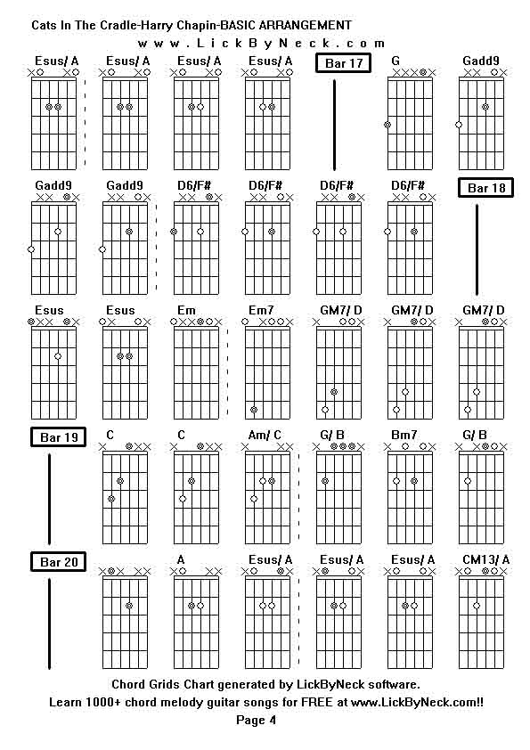 Chord Grids Chart of chord melody fingerstyle guitar song-Cats In The Cradle-Harry Chapin-BASIC ARRANGEMENT,generated by LickByNeck software.